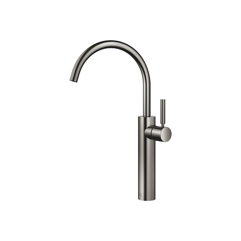 Single-lever basin mixer with raised base without pop-up waste