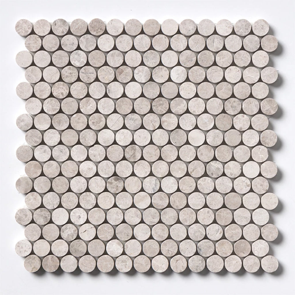 11 1/4" x 11 3/4" Silver Shadow Honed Penny Round Marble Mosaic