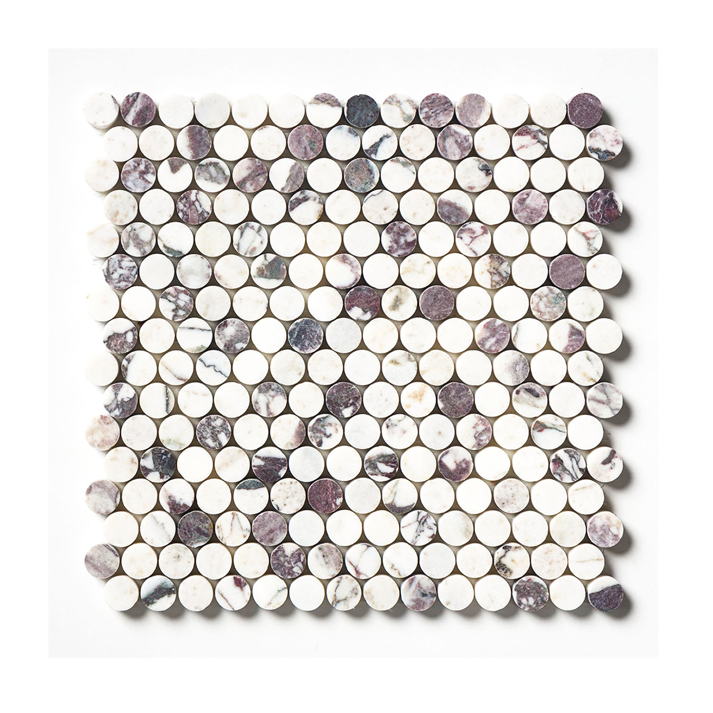 11 1/4″ x 11 3/4″ Calacatta Viola Honed Penny Round Marble Mosaic